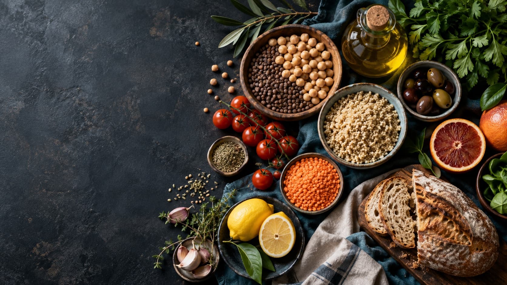 Legumi, cereali, pomodori, pane e olio su un piano di pietra