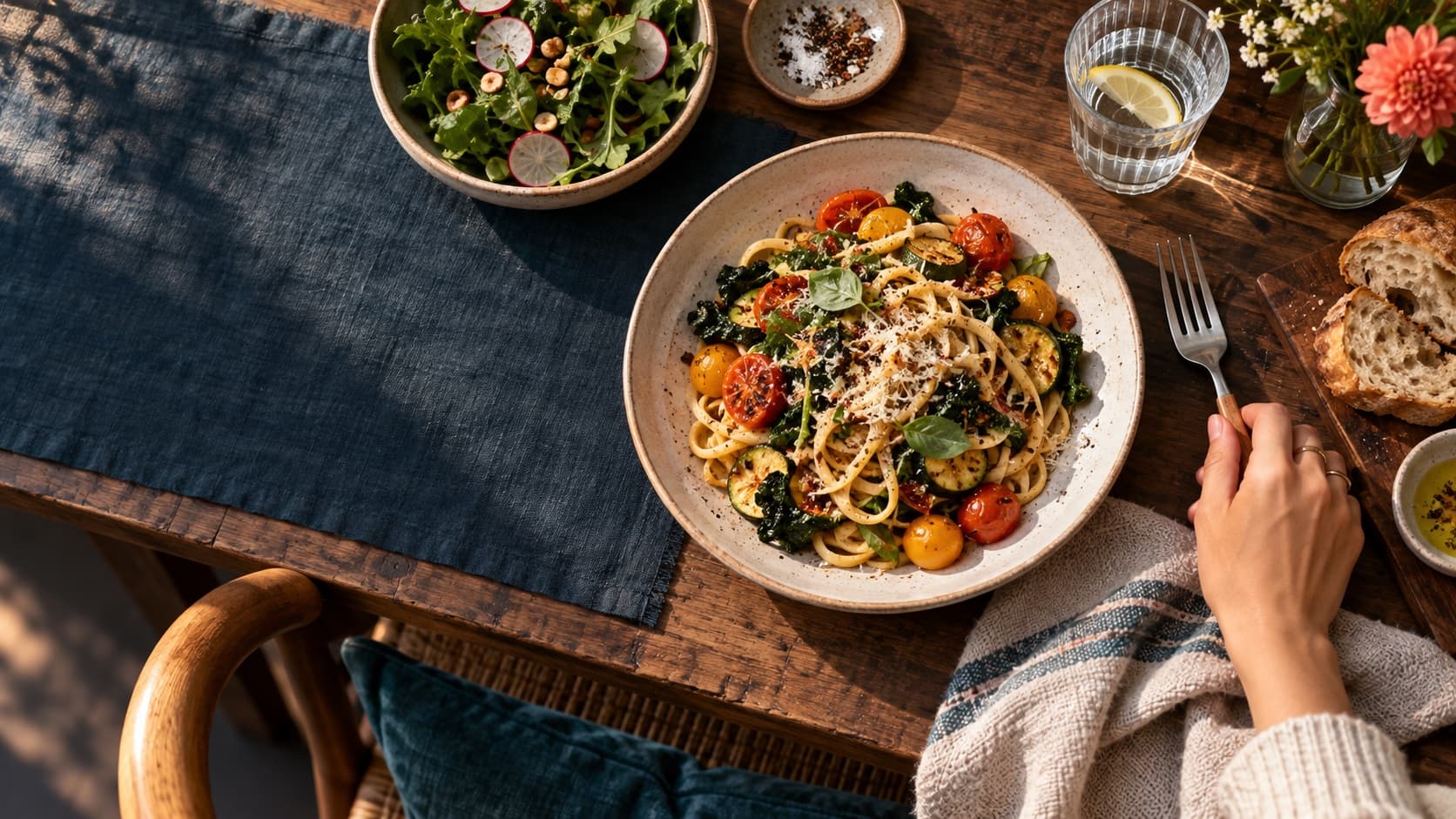 Piatto di pasta con verdure, insalata e un bicchiere d’acqua su una tavola