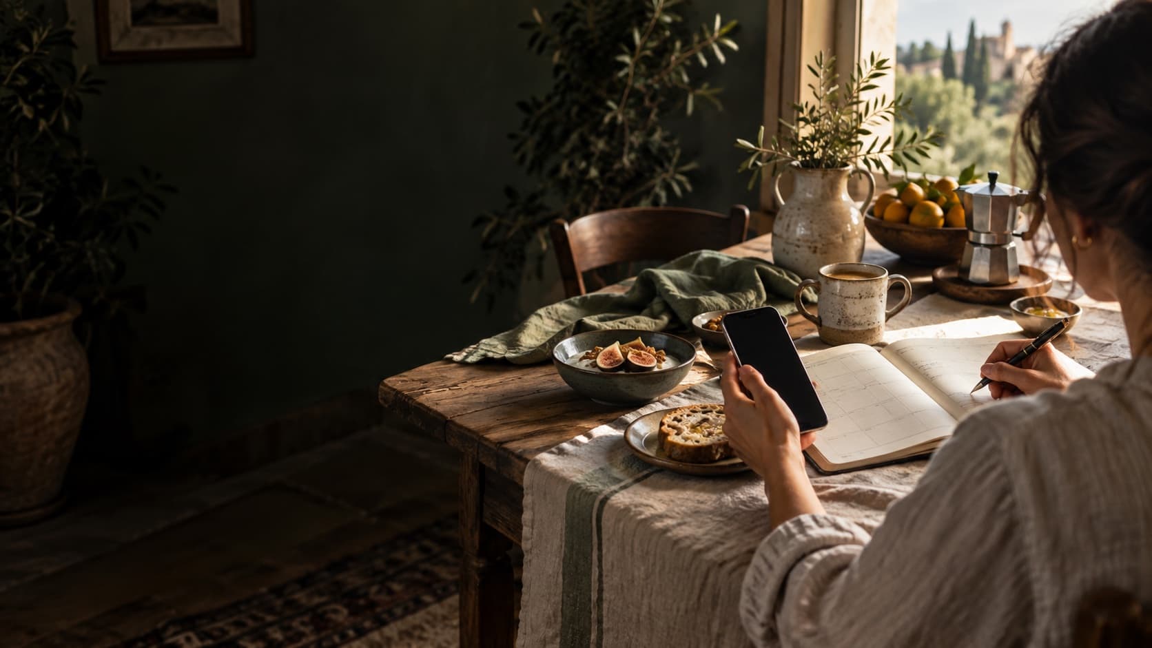Persona al tavolo con smartphone e agenda settimanale aperta durante la colazione