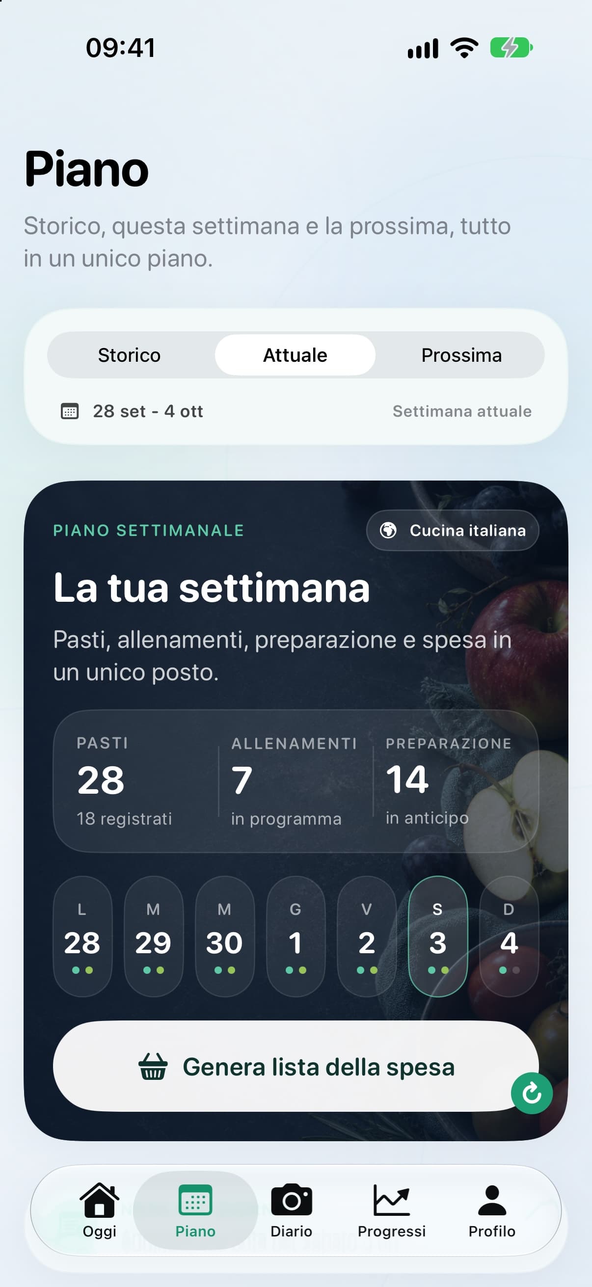 Vesta: piano alimentare settimanale personalizzato e lista della spesa