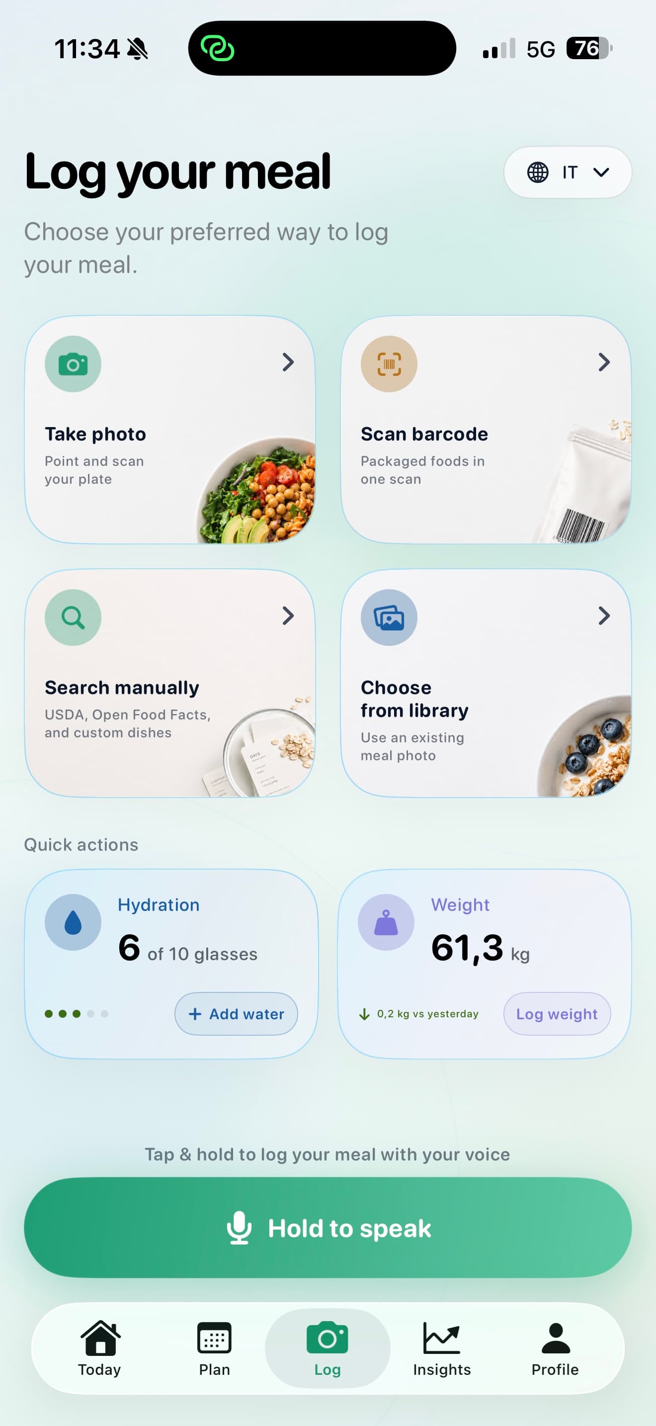Vesta Log screen with photo, barcode, search, library, hydration, weight, and voice logging