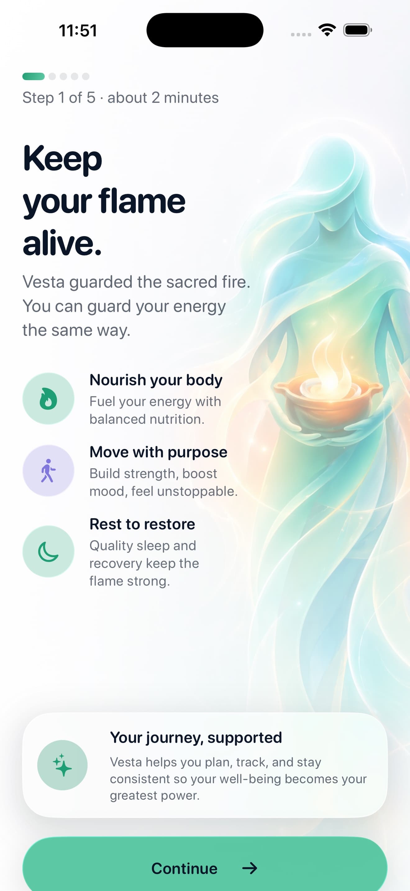 Vesta onboarding screen with the headline Keep your flame alive