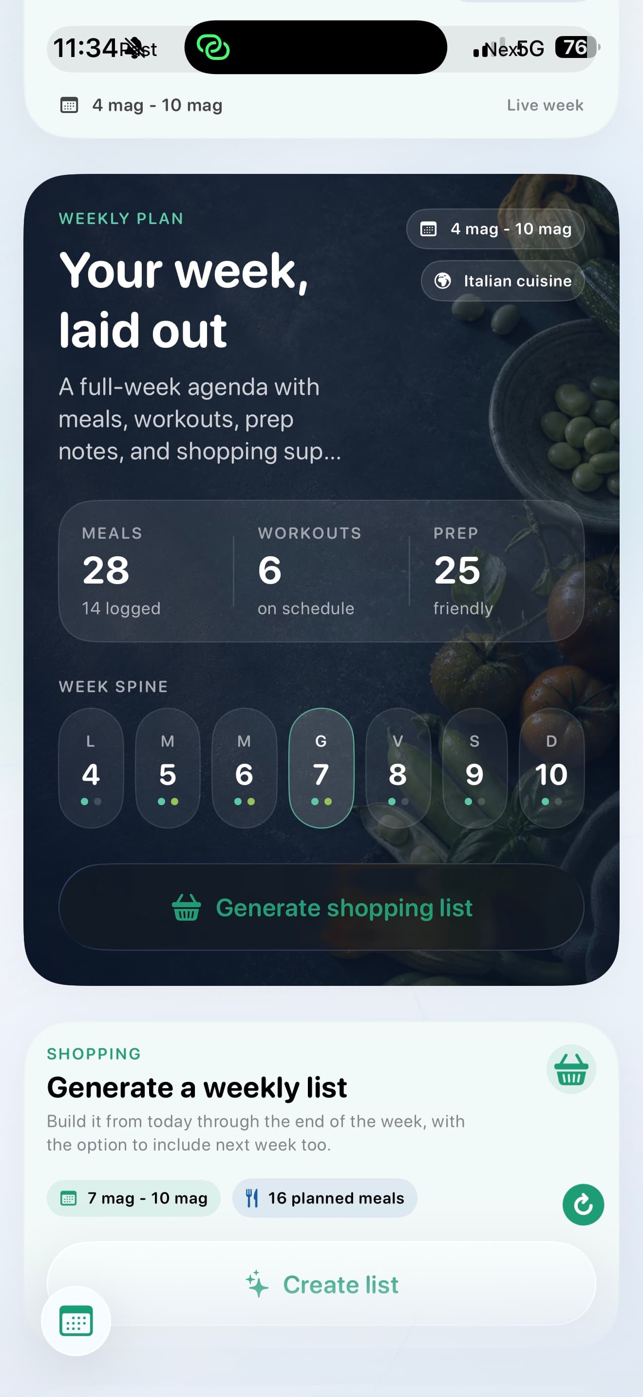 Vesta Plan screen with weekly plan and shopping list