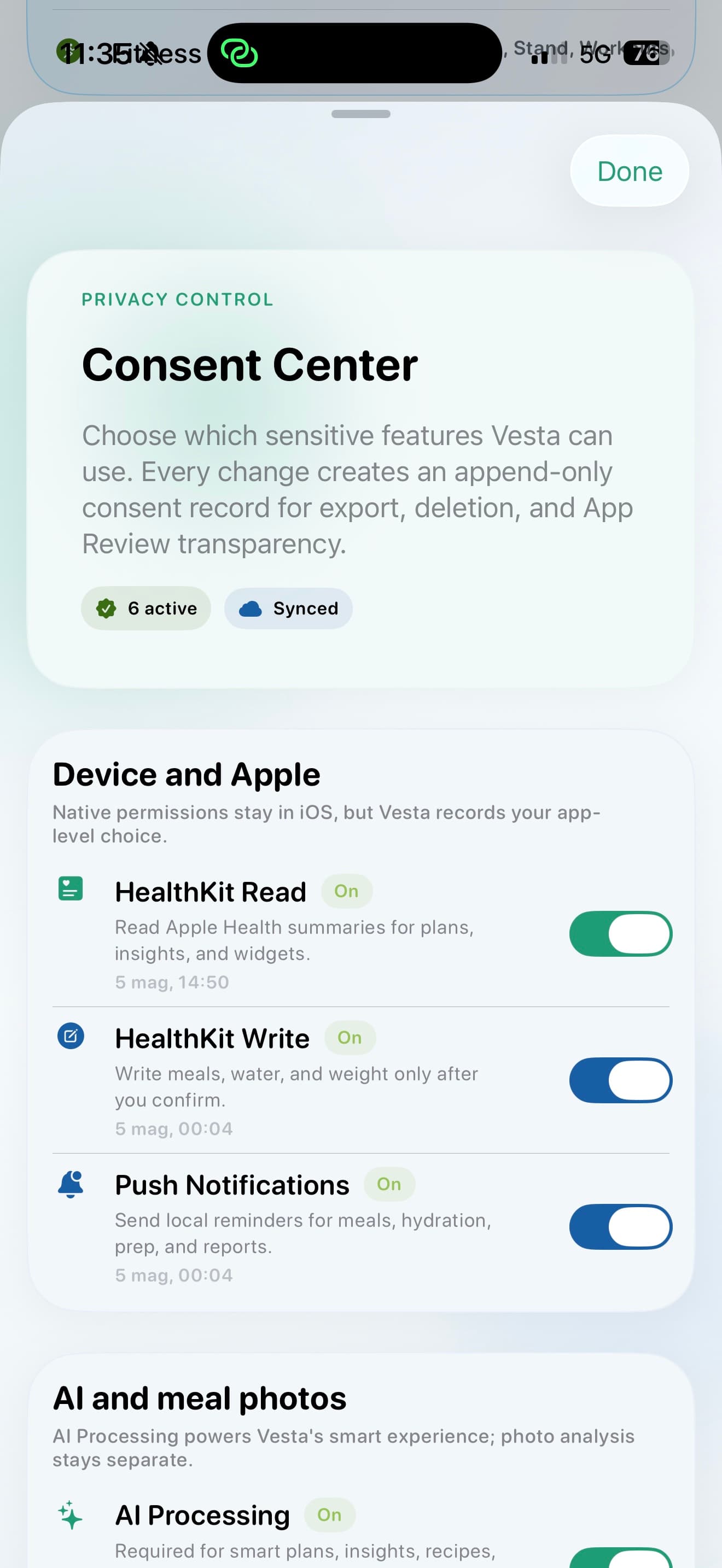 Vesta Consent Center screen with HealthKit, Push Notifications, AI Processing, and Meal Photos controls